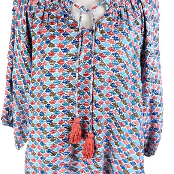Ivy Jane NWT M/L Orange Blue Mermaid Fish Scale Tassel Neck Relaxed Boho Top - Picture 4 of 11